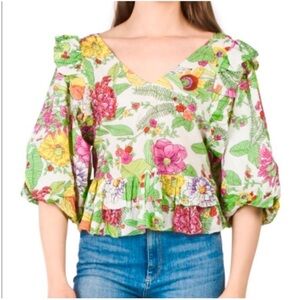 Love the Label women’s large top blouse Floral tropical ruffle puff Sleeves NWT
